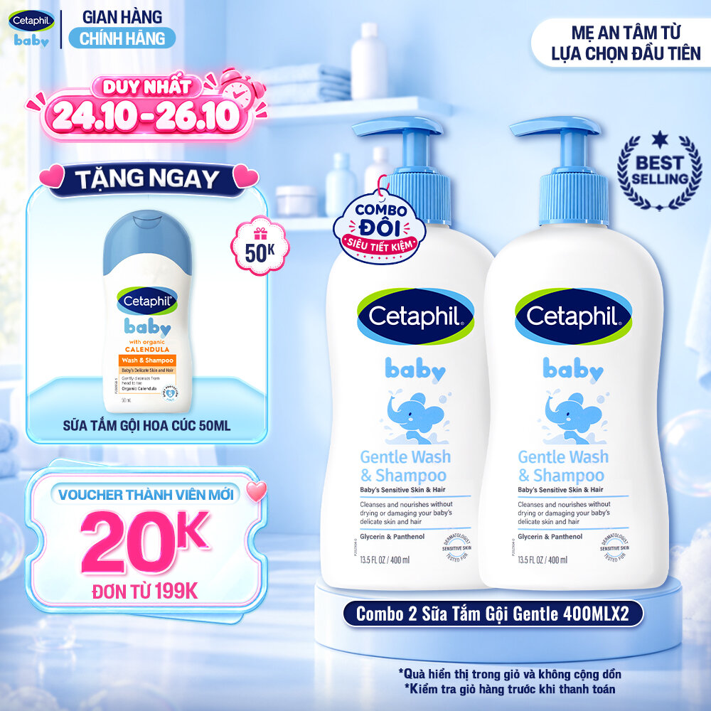 Combo 2 Sữa tắm gội dịu lành cho bé Cetaphil Baby Gentle Wash  Shampoo 400ml/chai