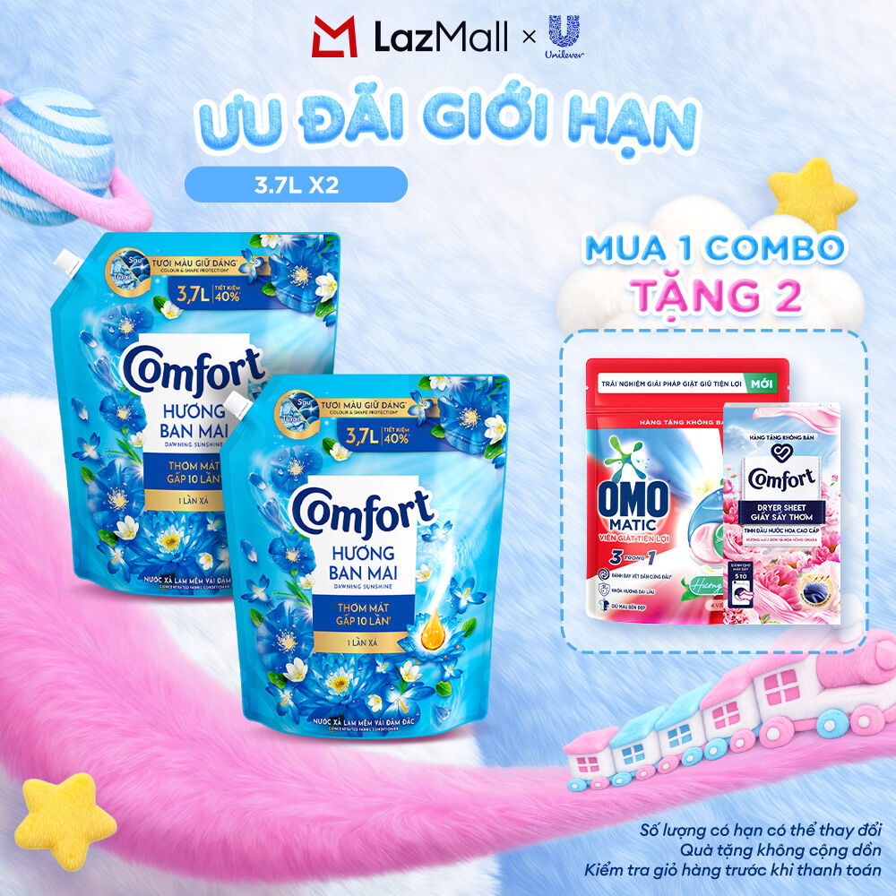 Combo 2 Nước Xả Vải Comfort Hương Ban Mai Thơm Mát Gấp 10 Lần Túi 3.7L (bao bì tùy lô nhập hàng)