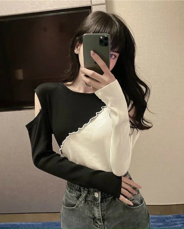 Áo kiểu hở vai hai màu đen trắng from dưới 50kg