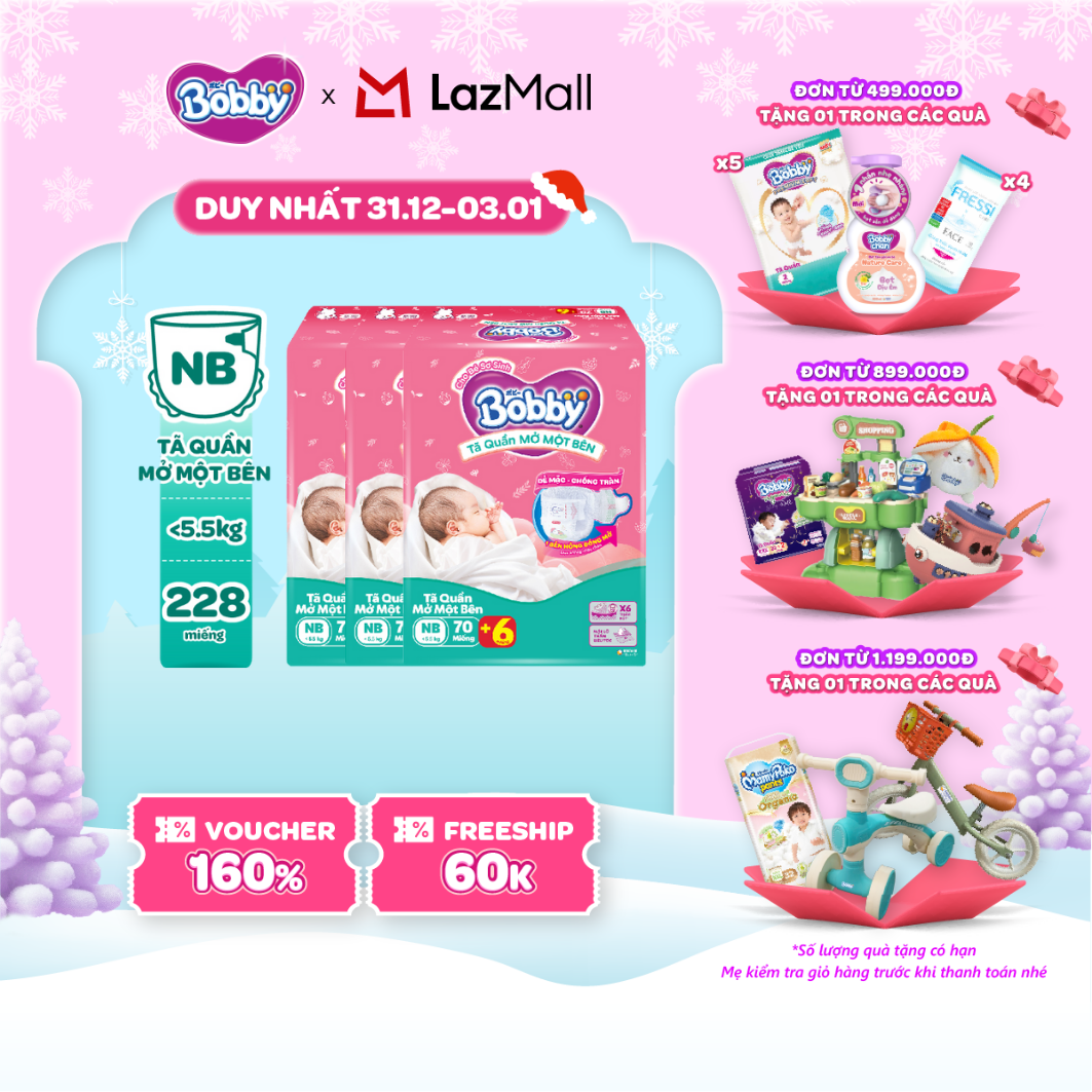 CHỈ 20h 31.12-03.01 QT Đơn 899K 1199K MỚI TẶNG MIẾNG Combo 3 gói tã quần mở một bên Bobby dành cho bé sơ sinh size NB70+6
