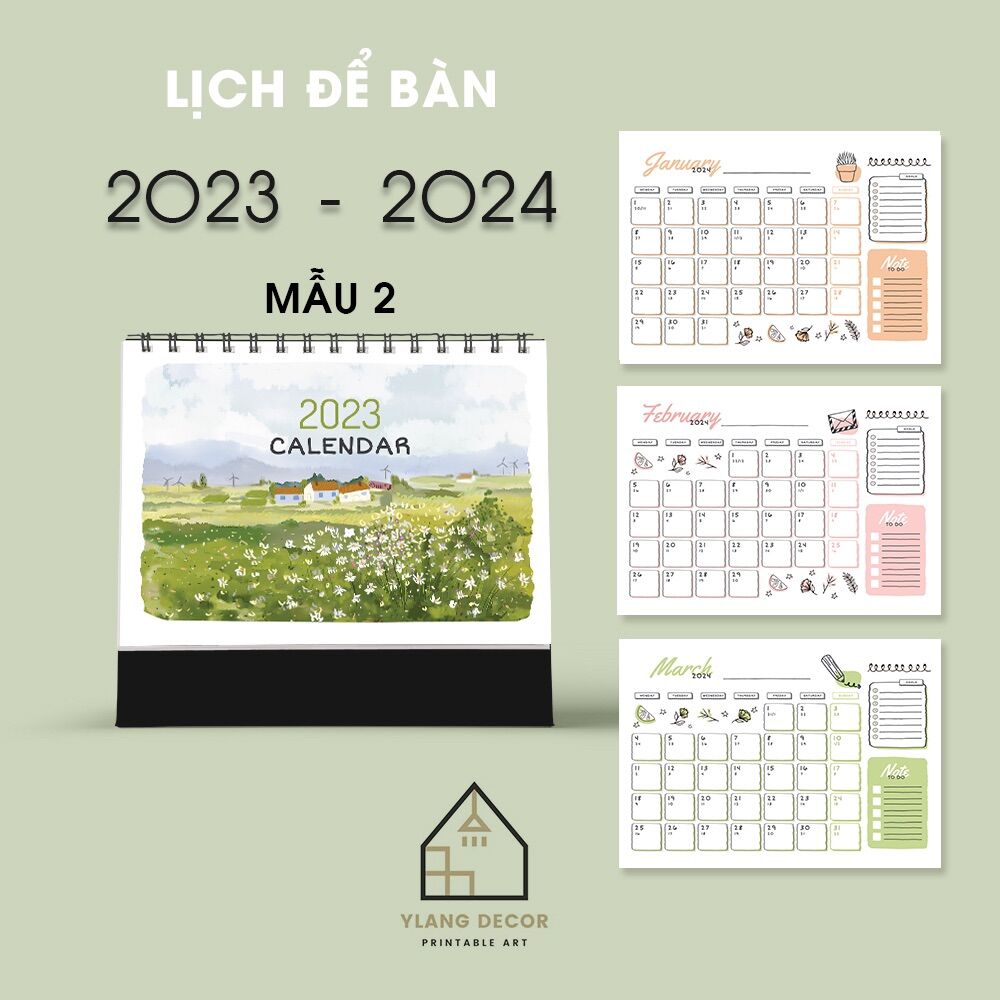 Lịch để bàn năm 2024 - có lịch âm, note - calendar 2023 - tone màu pastel cute 2