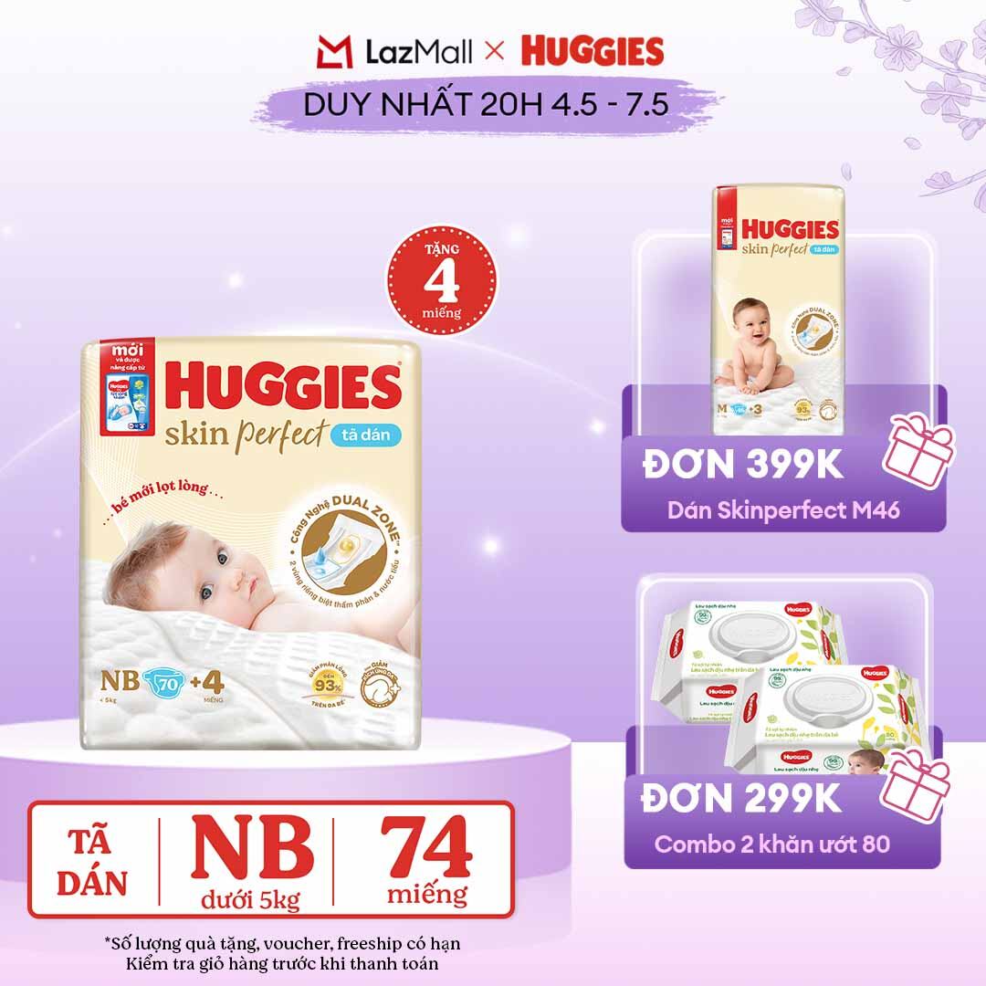 [CHỈ 20h 04-07.05 QUÀ TẶNG ĐƠN 0Đ]  Tã/bỉm dán sơ sinh Huggies Skin Perfect NB70 với 2 vùng thấm giảm kích ứng da (tặng miếng thay đổi theo từng đợt)