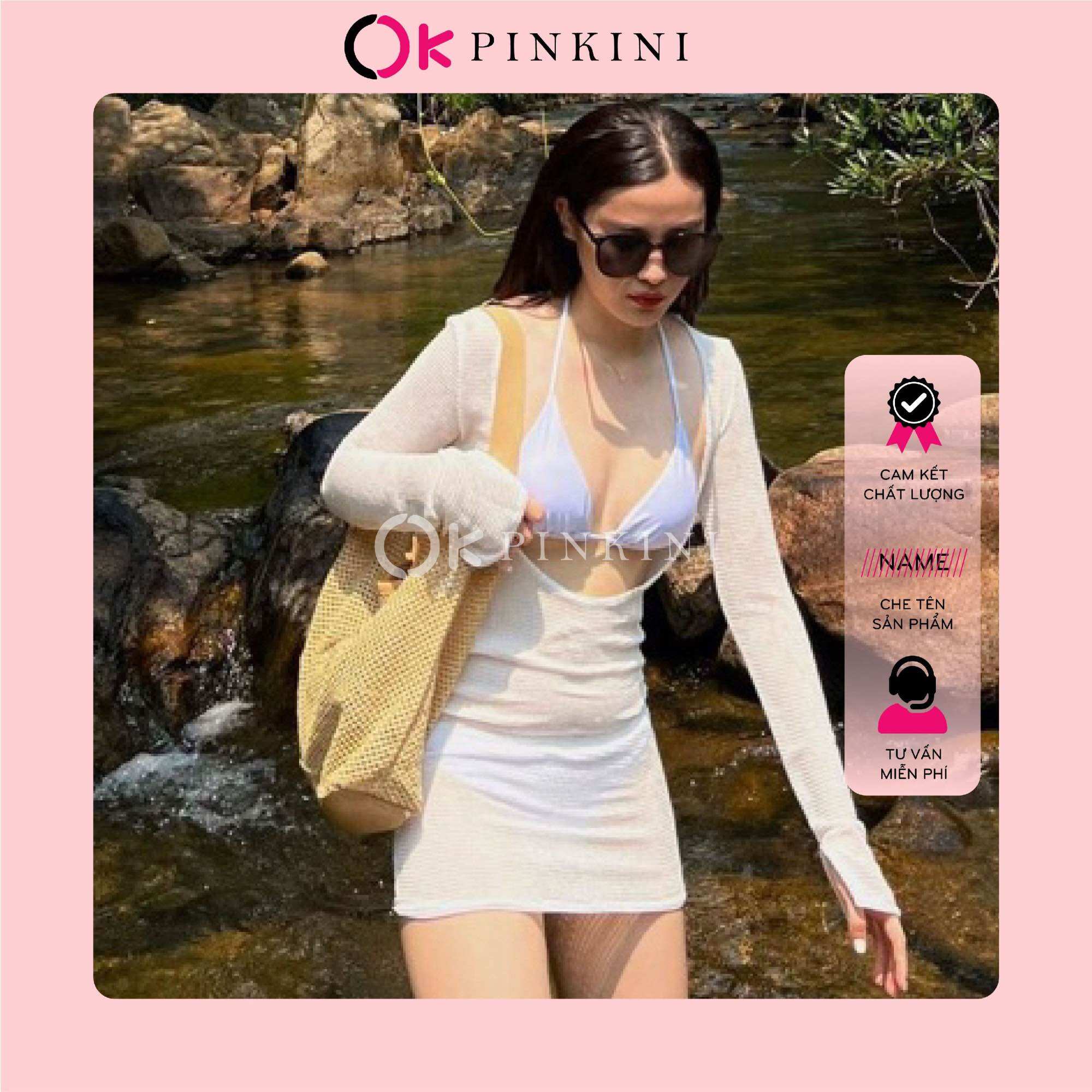 Áo lưới body dáng ngắn tay loe mặc kèm bikini