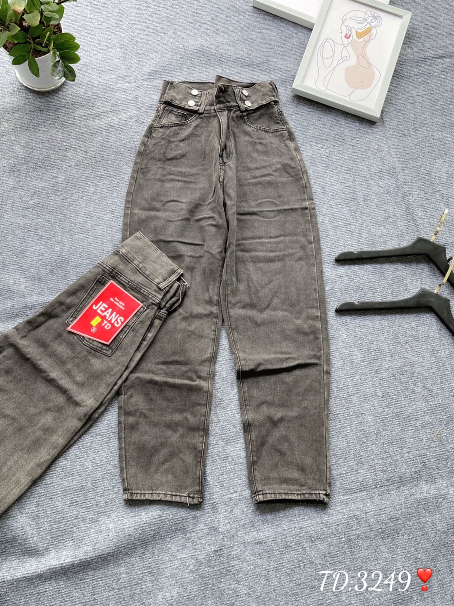 Baggy Jeans Lưng Cao 2 Nút Đai Nút