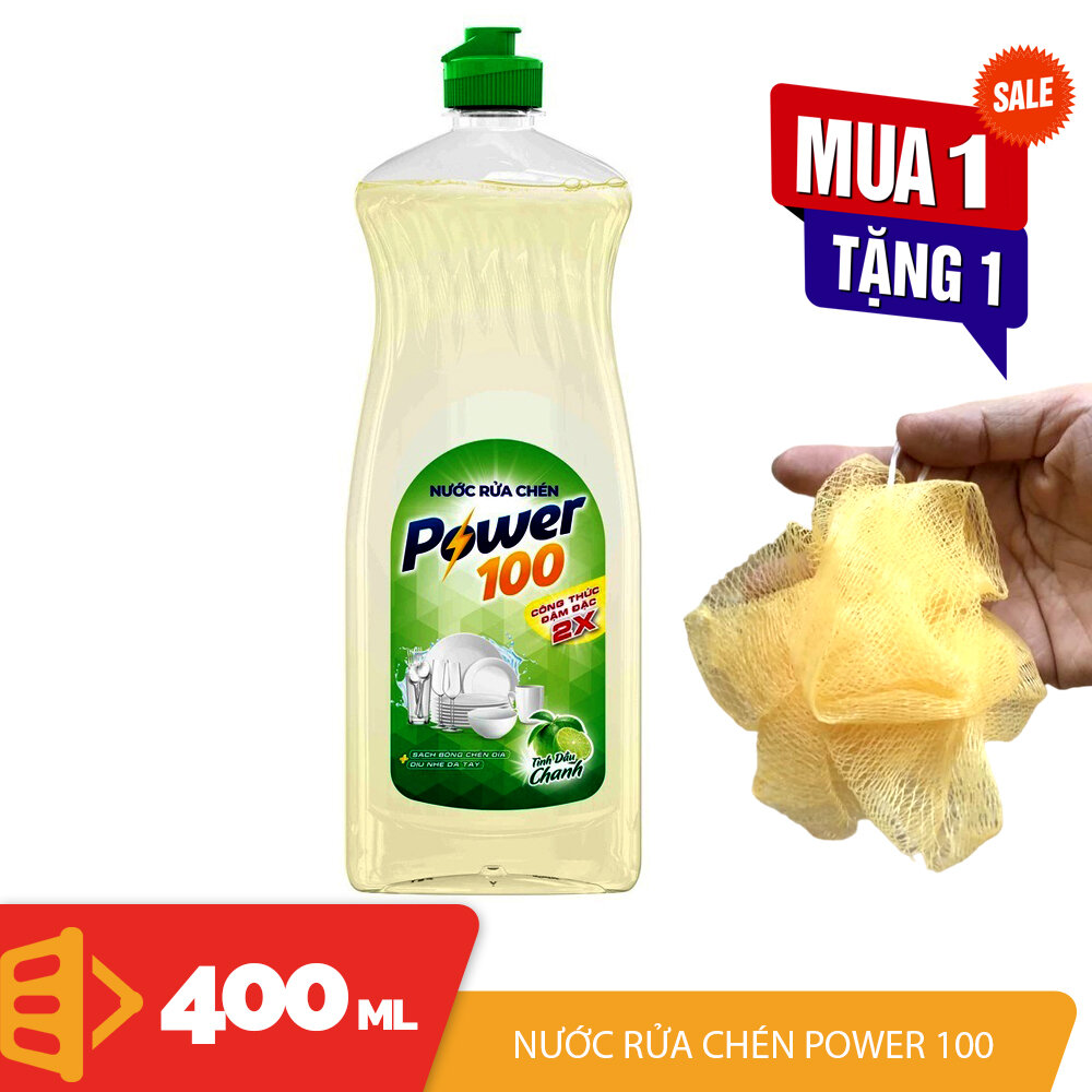Bộ nước rửa chén Power 100 đậm đặc x2 chiết xuất chanh chai 400ml và bông rửa chén