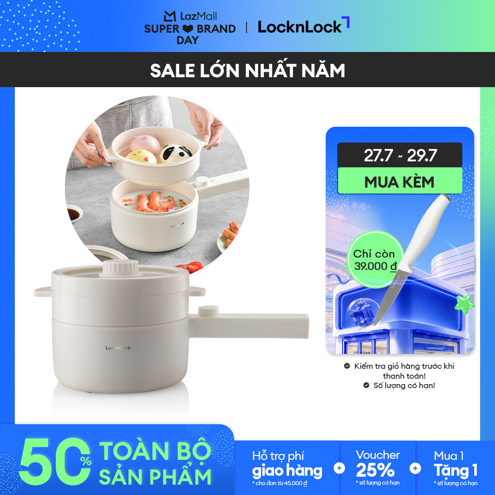 [SBD 27.7_Giảm đến 70% + Voucher đến 25%] EJP436IVY- Nồi điện đa năng LockLock Electric multi pot 1.5L, màu ngà- Tay cầm dài, Chống dính, Hấp Nấu lẩu, Làm ca nấu mì Hàng chính hãng