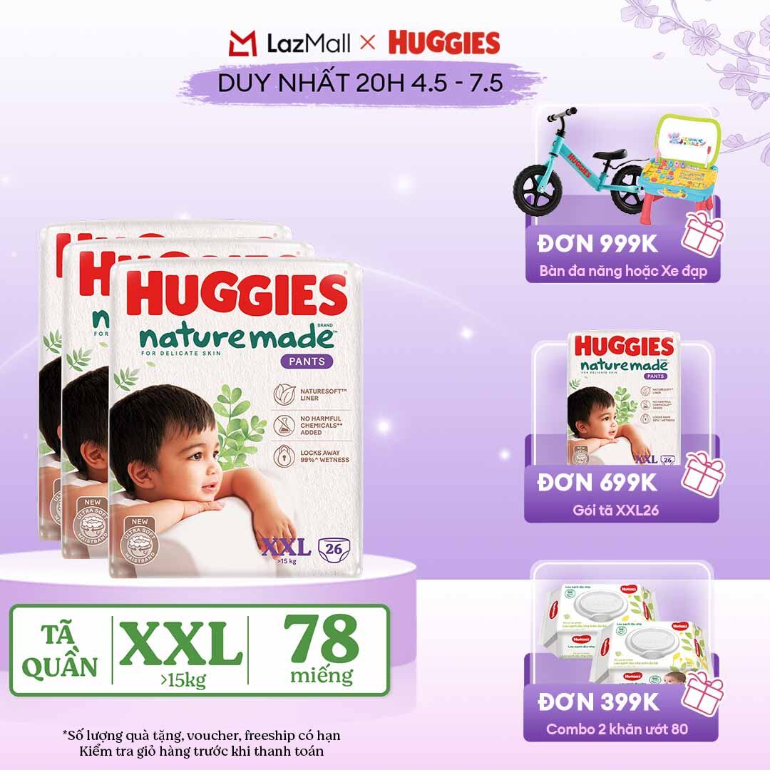 [CHỈ 20h 04-07.05 QUÀ TẶNG ĐƠN 399K](Mua 1 tặng 1)  Combo 3 Tã/Bỉm quần HUGGIES PLATINUM NatureMade XXL26 (Trên 15kg)-Gói Jumbo 26 miếng