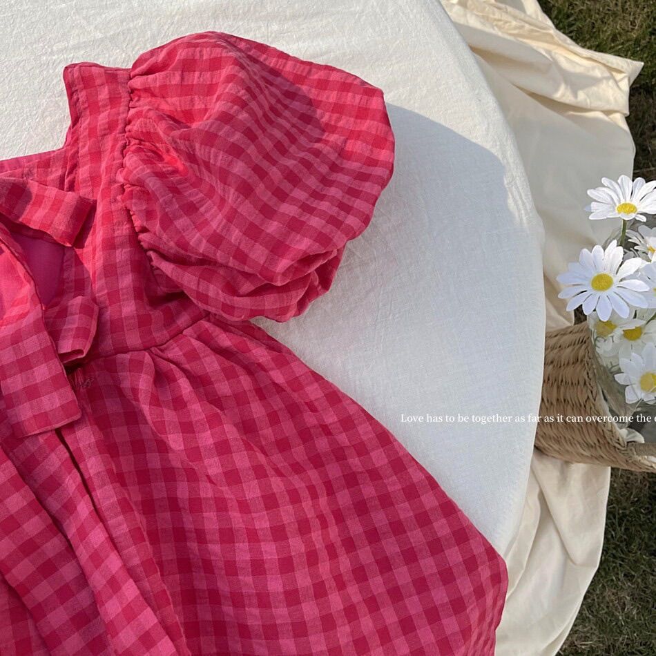 Váy kẻ đỏ hồng đậm bé gái