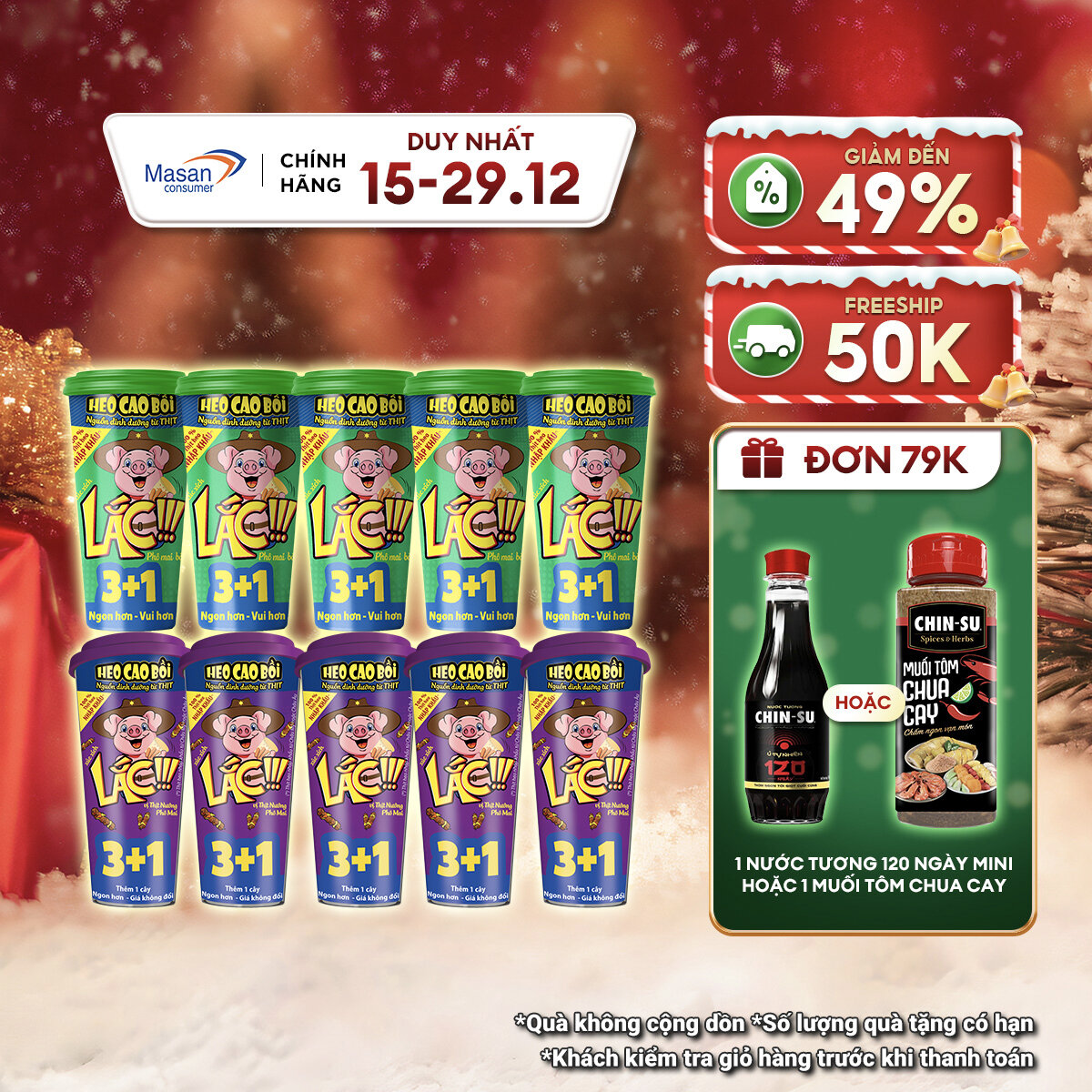   15.12-29.12 Voucher 18% CHO ĐƠN TỪ 199K Combo 10 ly lắc xúc xích Heo cao bồi   5 vị thịt nướng phô mai + 5 vị Phô mai bắp bơ   