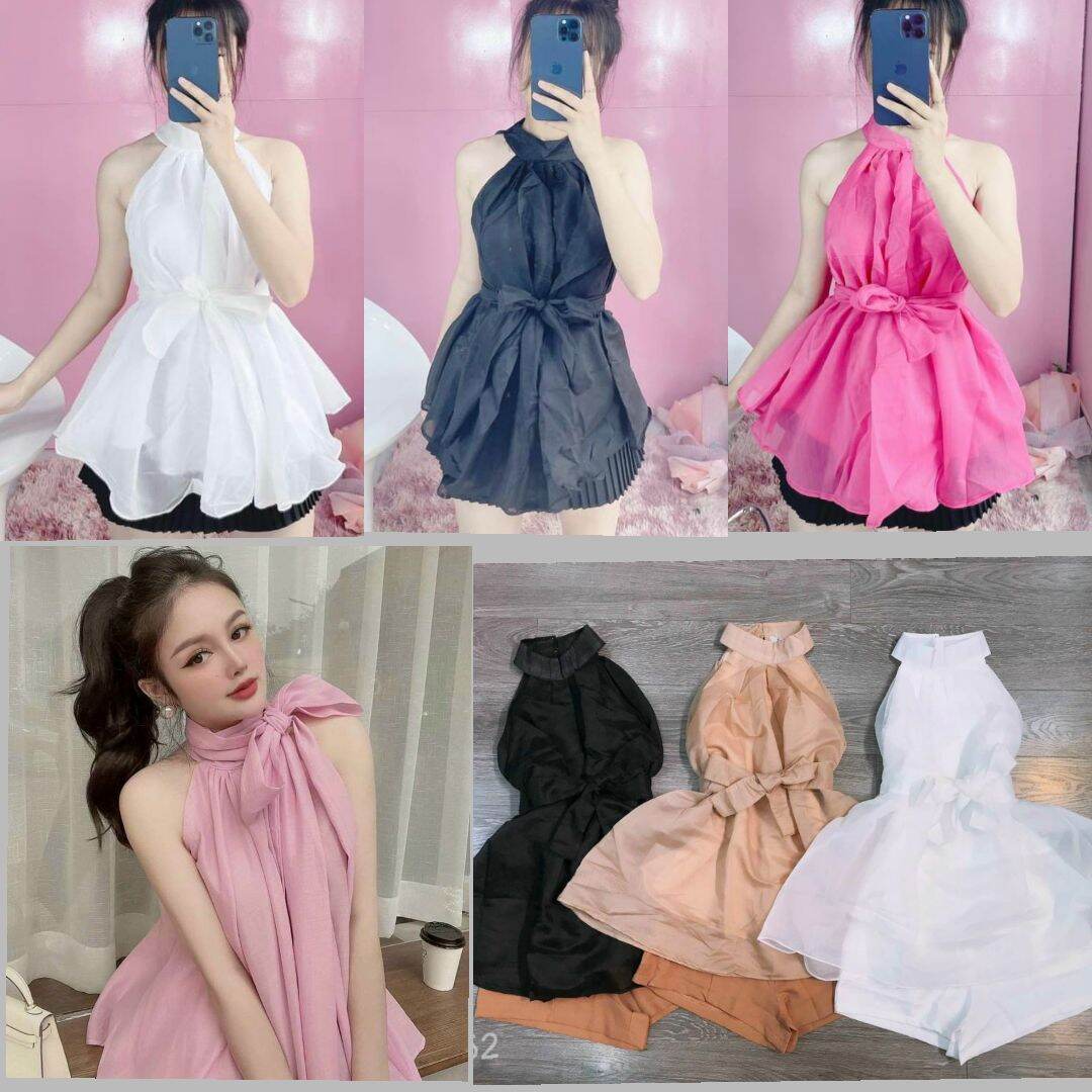 Áo cổ yếm xòe cột nơ voan kiếng tiểu thư