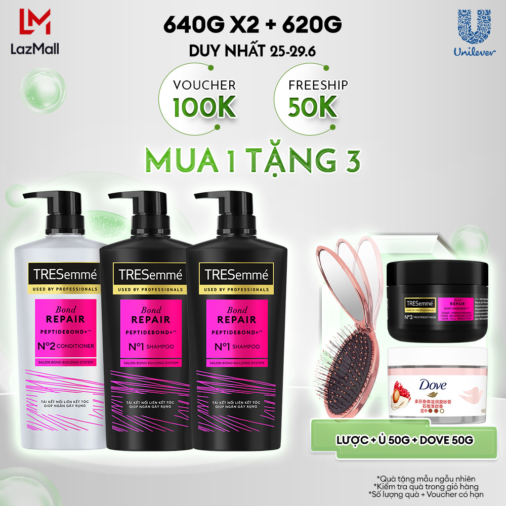 Combo 2 Dầu Gội Và 1 Dầu Xả TRESemmé Bond Repair Peptidebond+ Giúp Ngăn Gãy Rụng (640g X 2 Và 620g)