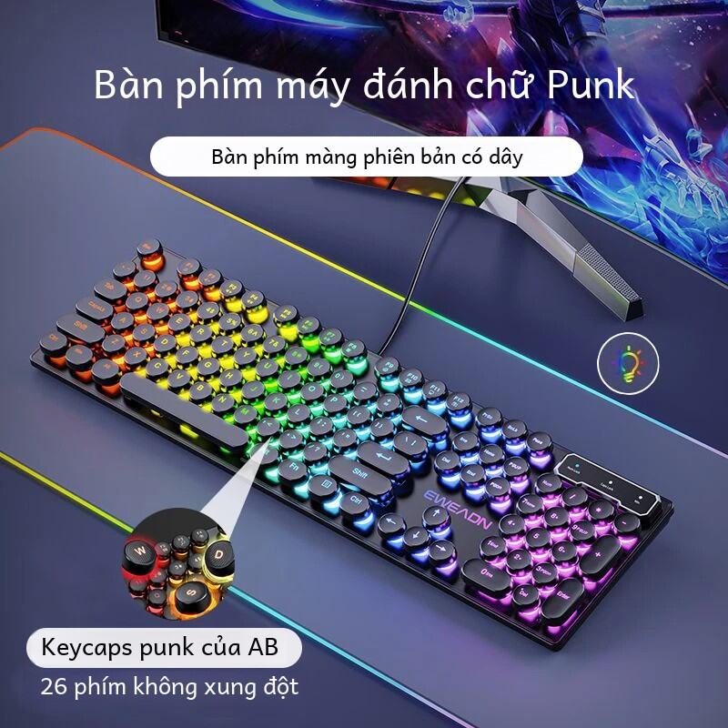 Bàn Phím Chơi Game Có Dây EWEADN GX330 Retro Punk 104 Phím Với Keycaps Tròn Có Đèn Nền RGB Cho Máy Tính Xách Tay Windows - Đen