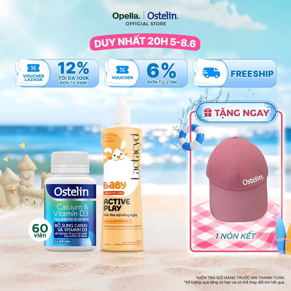 Ostelin Viên Uống Hỗ Trợ Bổ Sung Calcium  Vitamin D3 60 viên + Sữa Tắm Gội Hằng Ngày Cho Bé Lactacyd Baby Active Play 500ml