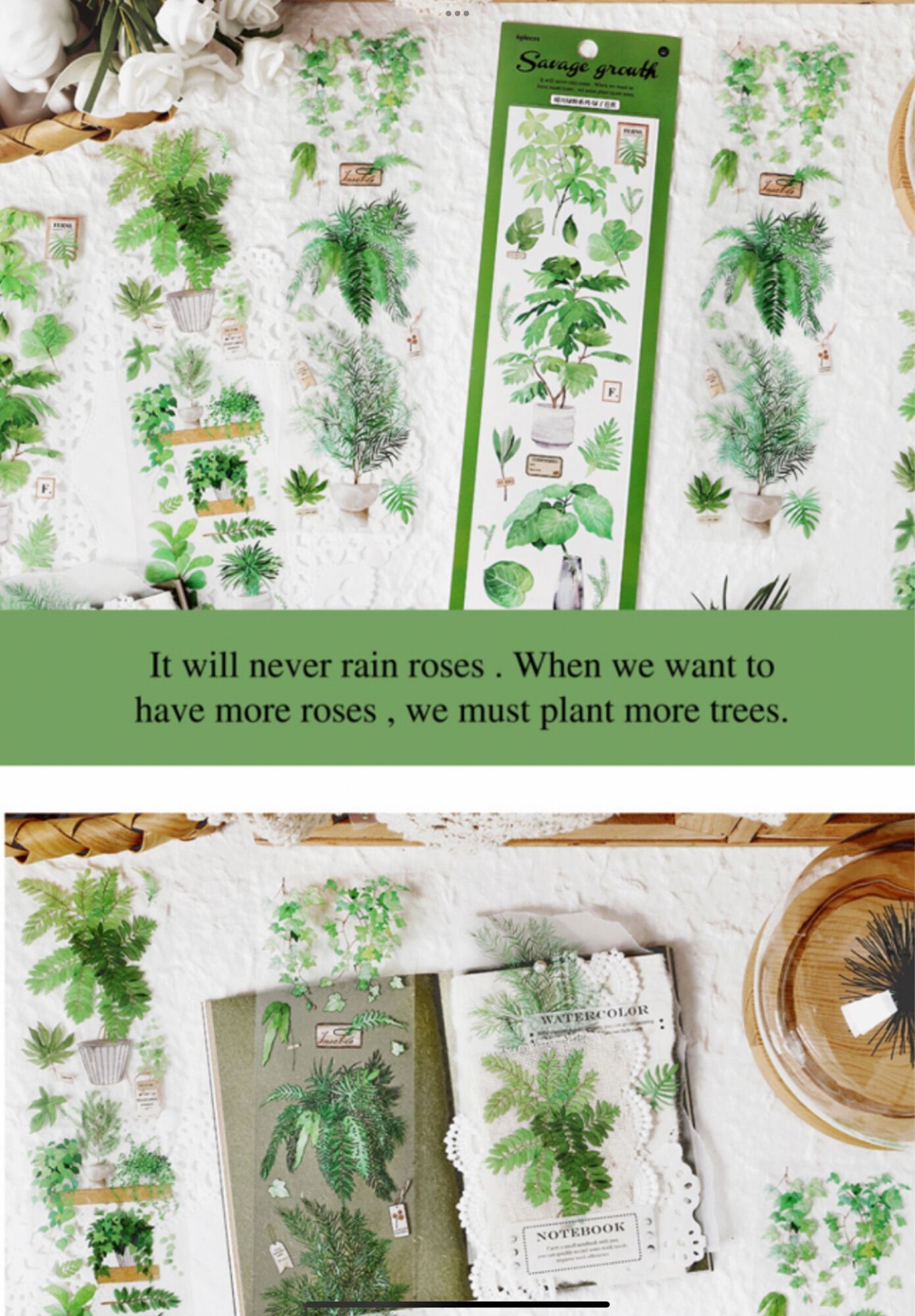 Set 6 tờ sticker hình hoa, lá , chậu cây, … dùng để trang trí. 