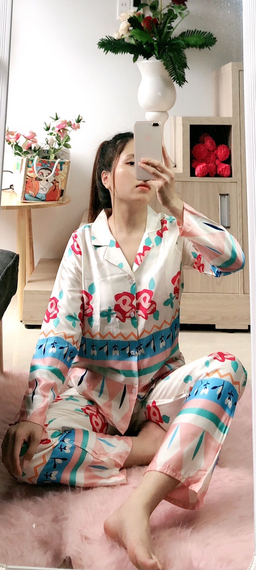 [HCM]BỘ LỤA SATIN HOẠ TIẾT HOA HỒNG