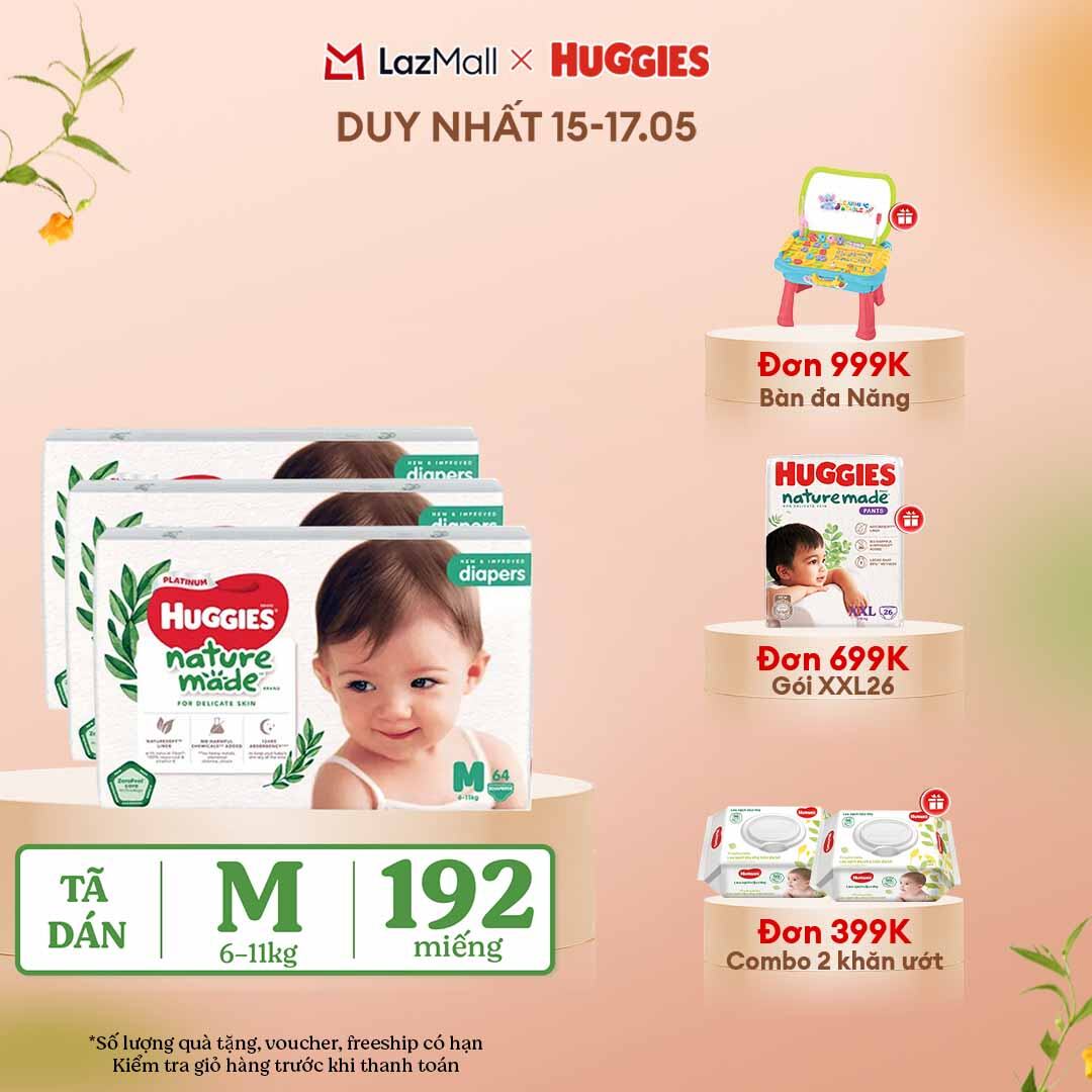 [CHỈ 15-17.05 QUÀ TẶNG ĐƠN 399K](Mua 1 tặng 1) Combo 3 Tã/Bỉm dán HUGGIES PLATINUM NatureMade M64 (6-11kg)-Gói Jumbo 64 miếng