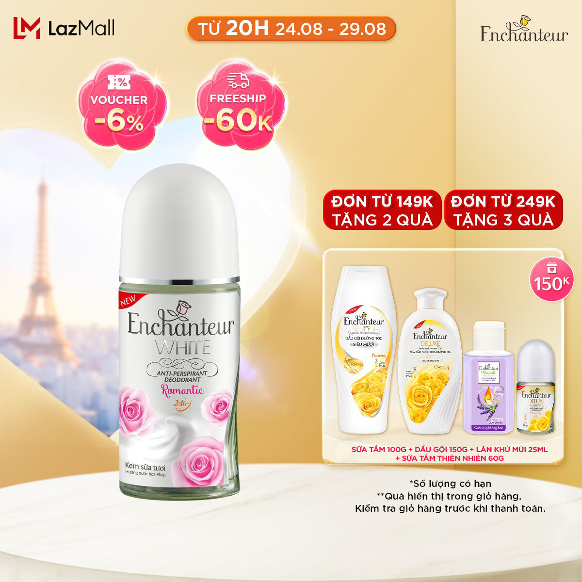 Lăn khử mùi trắng da Enchanteur Romantic lãng mạn nhẹ nhàng dưỡng trắng vùng dưới cánh tay 50ml