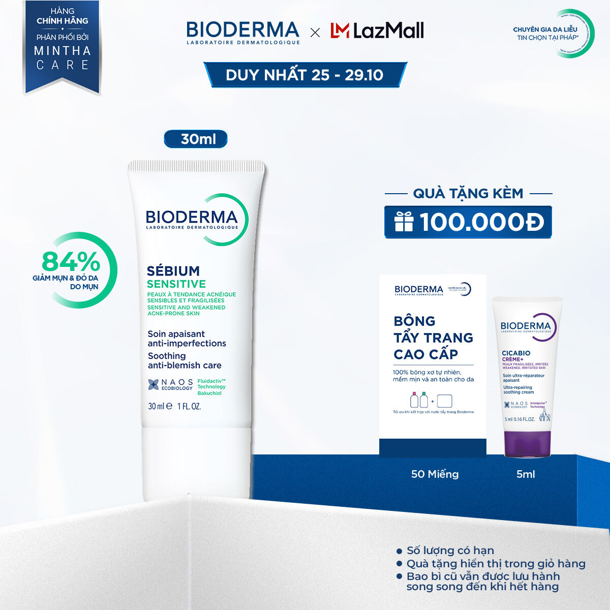 Kem dưỡng giảm mụn cho da mụn viêm nhạy cảm Bioderma Sebium Sensitive - 30 ml