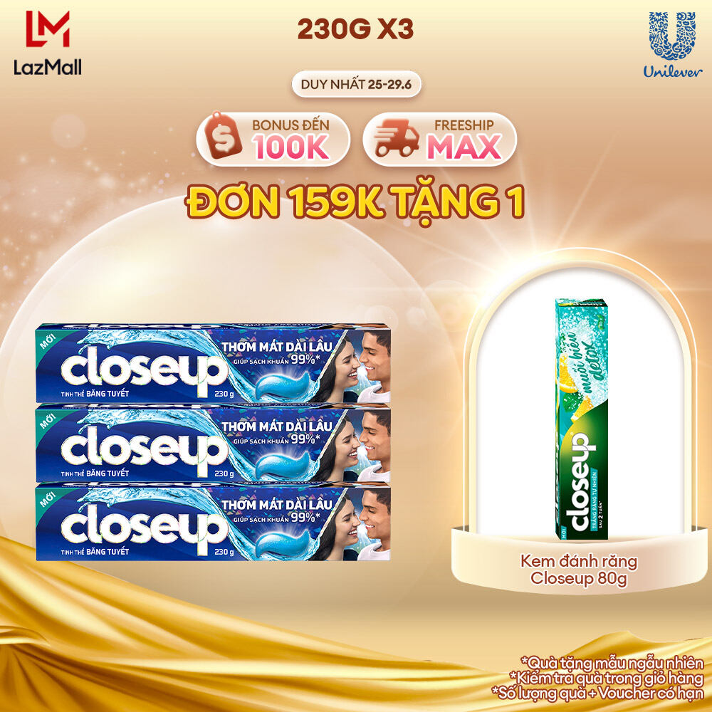 Combo 3 Kem Đánh Răng Closeup Gel Sạch Khuẩn Tinh Thể Băng Tuyết Cho Hơi Thở Thơm Mát Bất Tận 230G/Tuýp (bao bì thay đổi)