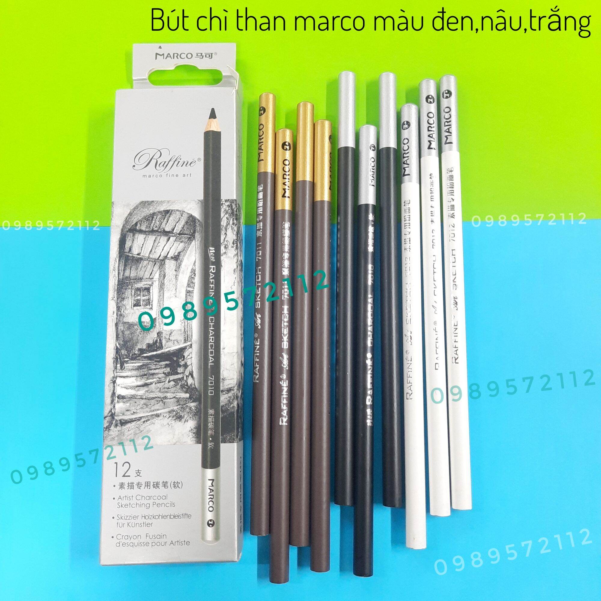 Bút chì than marco màu đen,nâu,trắng 7010.