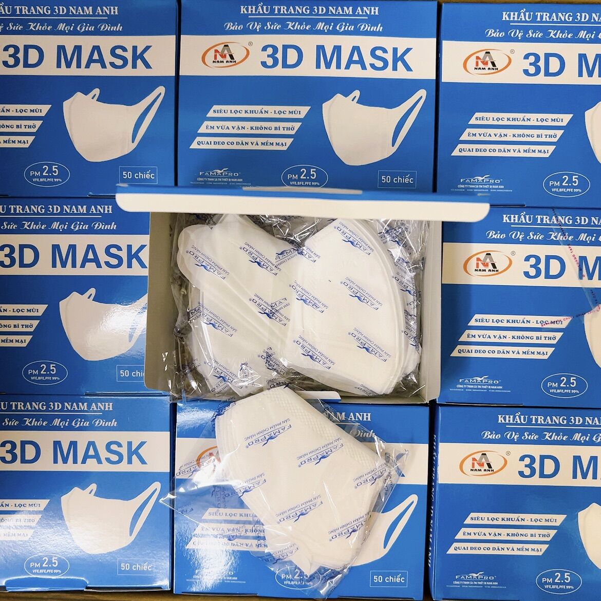 Hộp 50 khẩu trang 3d quai vải nam anh farmapro