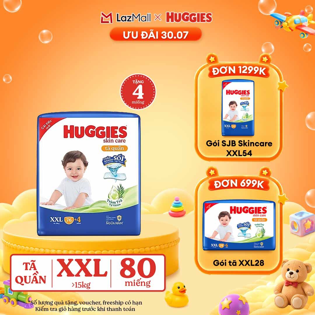 [30.7 GIẢM THÊM 90K]  Gói Tã/bỉm quần HUGGIES SKINCARE MEGA JUMBO size XXL76+4 miếng