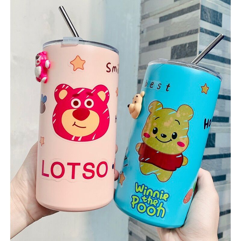 Ly giữ nhiệt,ly giữ nhiệt gấu dâu lotso 600ml,Cốc giữ nhiệt inox kèm sticker hình gấu