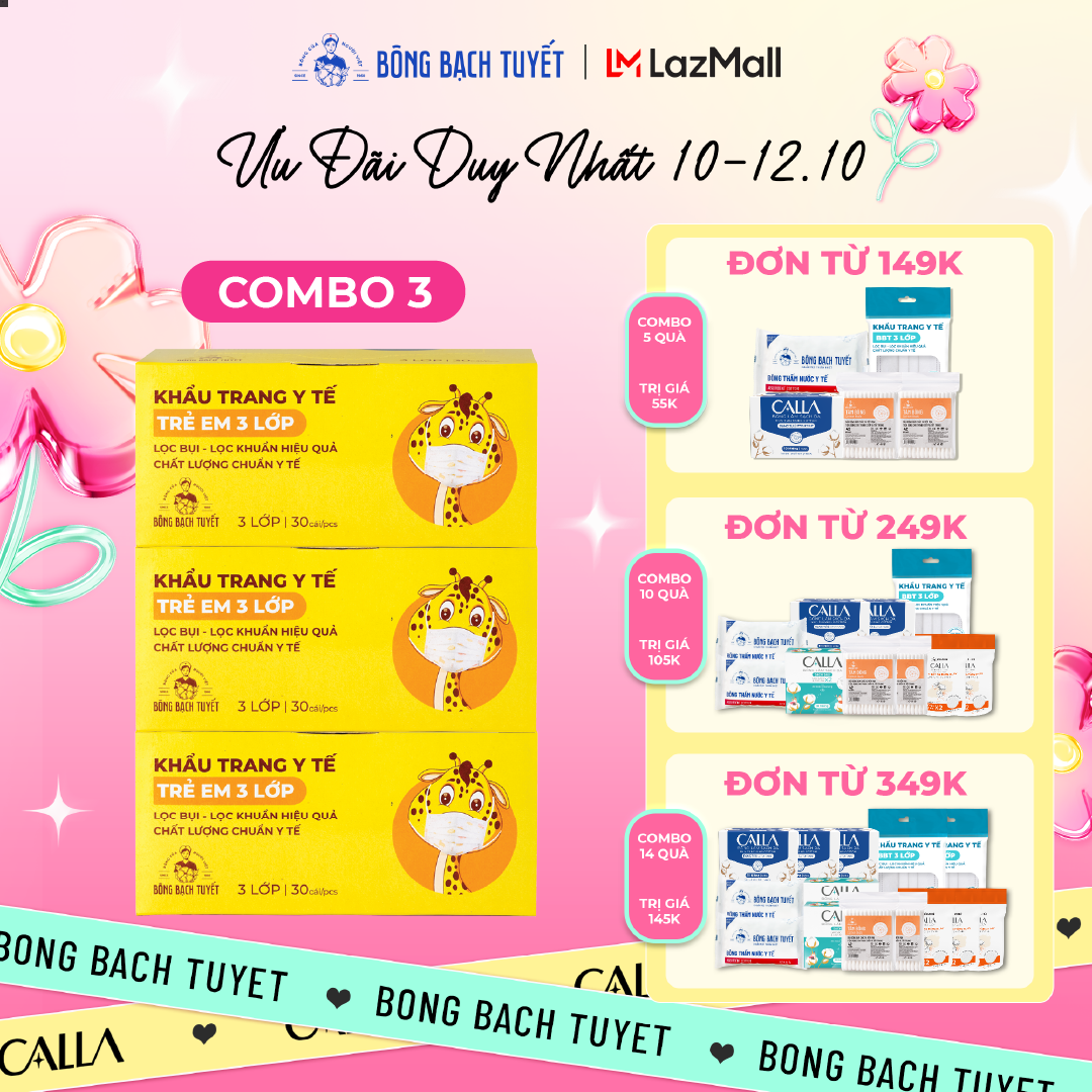 Combo 3 Hộp Khẩu trang Bông Bạch Tuyết cho bé 3 lớp cho trẻ 6 - 11 tuổi (30 cái/hộp) (Trắng)