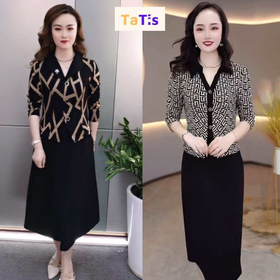 Áo Kiểu Trung Niên Tay Dài Co Giãn Phối Chân Váy Đen, Set Đầm Váy Cho Mẹ Dự Tiệc Sang Trọng SET02