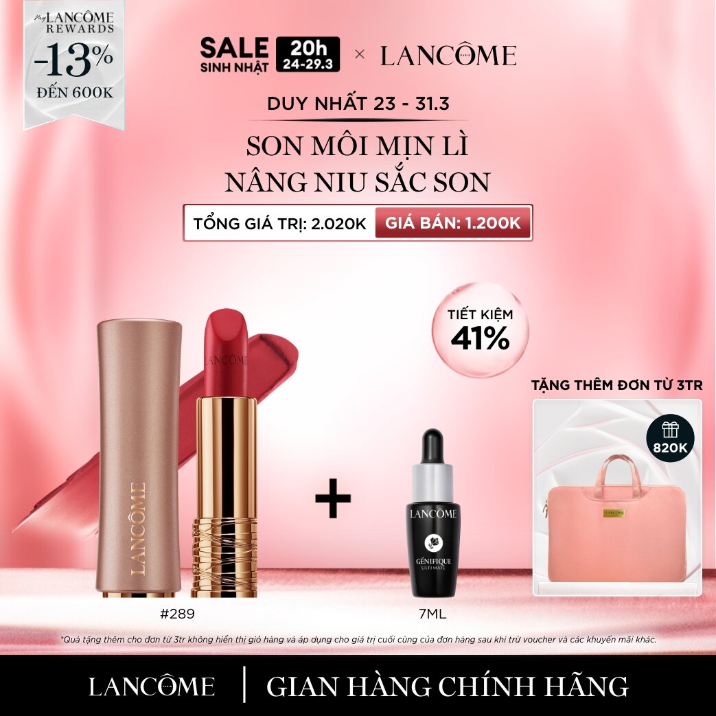   DUY NHẤT 23-31 3 - Voucher 13%  Son Môi Mịn Lì Mềm Mịn Lancôme L'ABSOLU ROUGE INTIMATTE Mới 