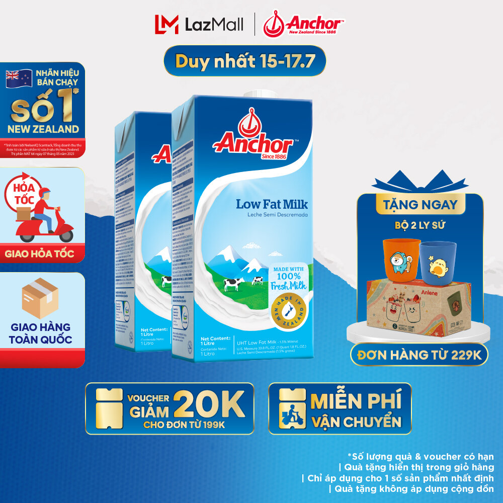 [GIAO HÀNG HỎA TỐC - HCM] Combo 2 Sữa Tươi Tiệt Trùng Anchor Ít Béo Hộp 1 Lít