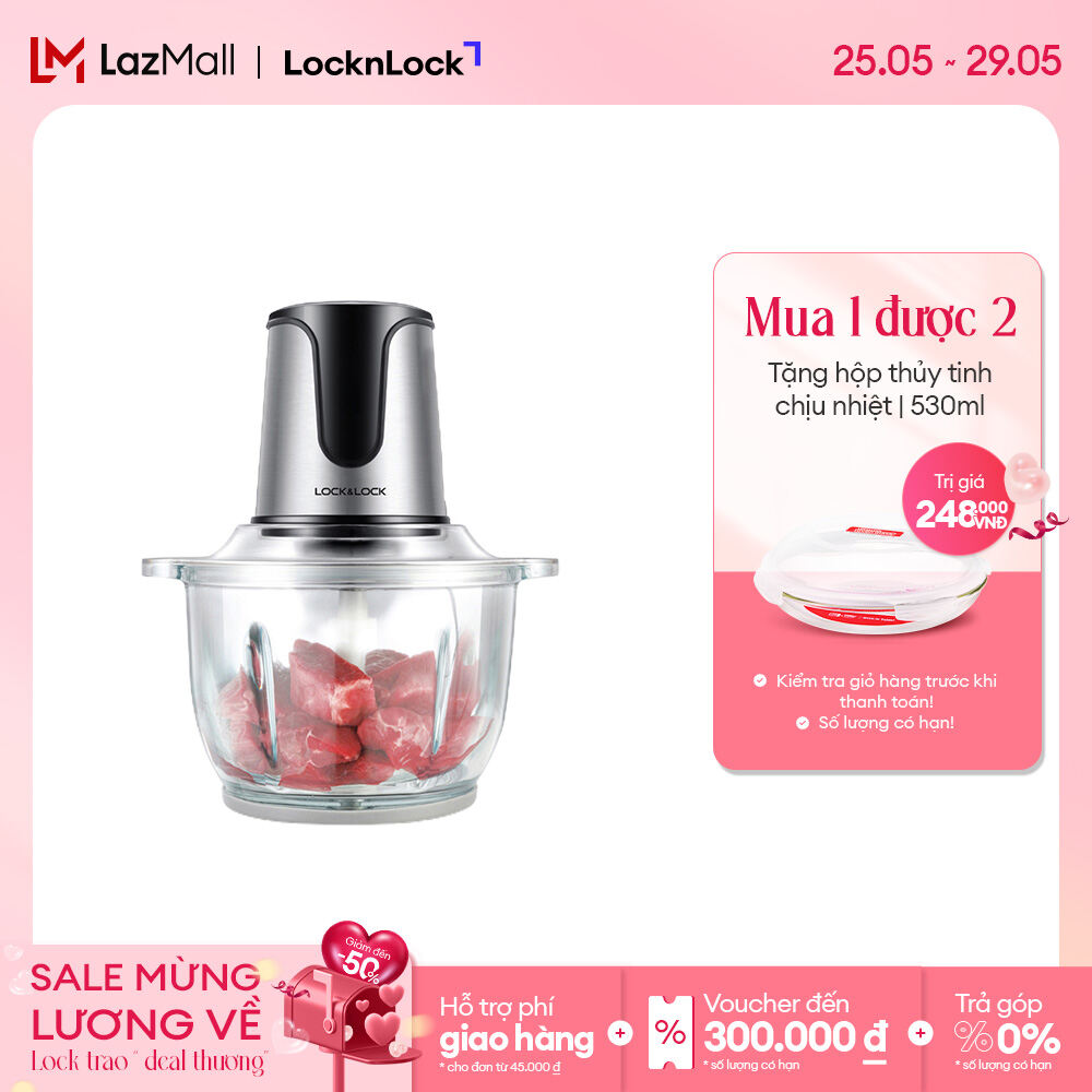 EJM171 - Máy xay thịt đa năng Lock&Lock 2L 300W - Cối thủy tinh Lưỡi dao kép thép không gỉ 2 cấp độ 