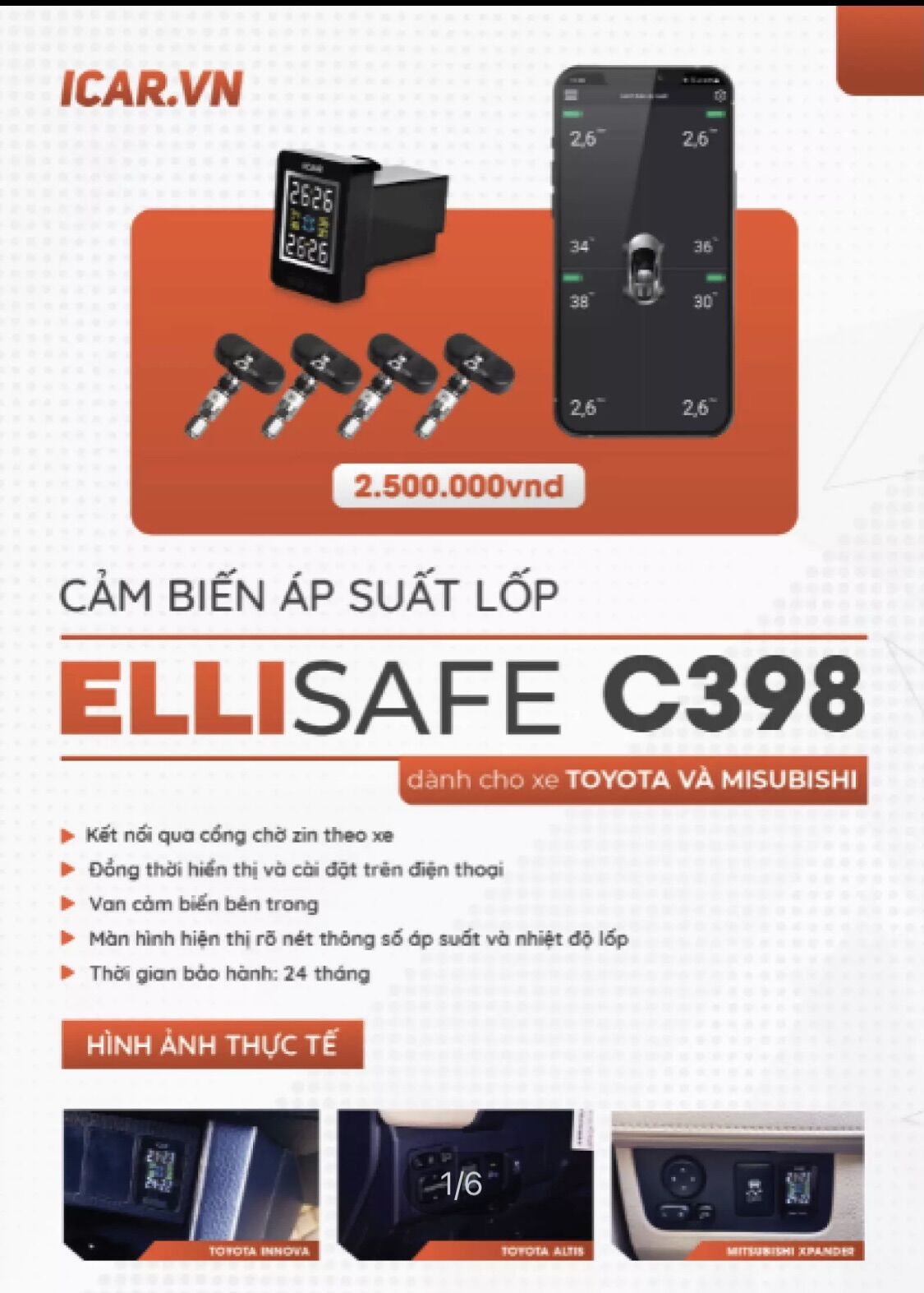ICAR c398 ! Cảm biến áp suất lốp icar c398 gắn hợp với lỗ chờ theo xe TOYOTA, Misubishi, … hiển thị lỗ chờ và tích hợp trên điện thoại