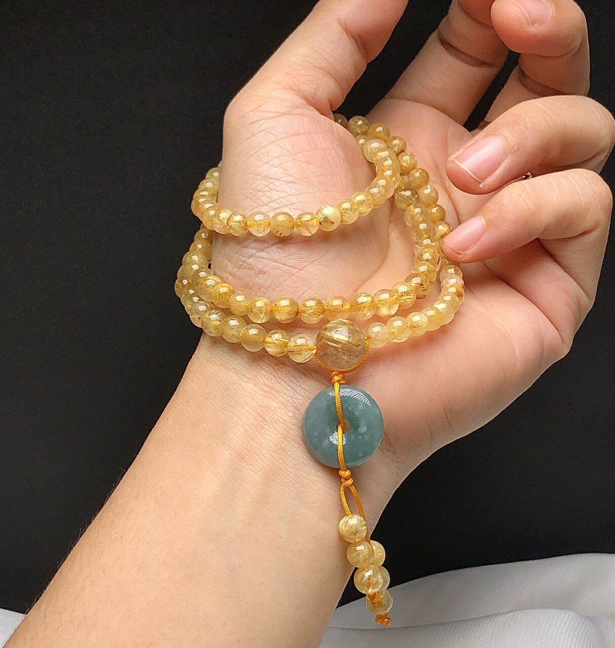 chuỗi thạch anh tóc vàng mix đồng điếu lam ngọc