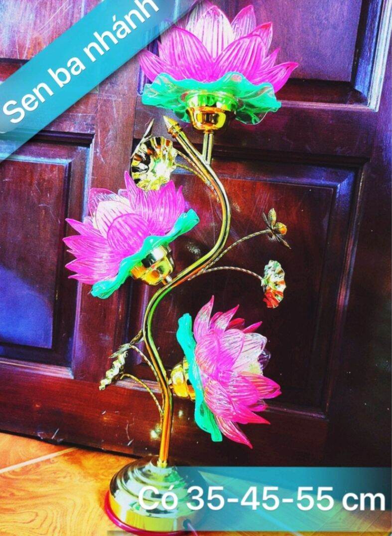 BỘ ĐÈN THỜ HOA SEN BA BÔNG ĐỔI MÀU