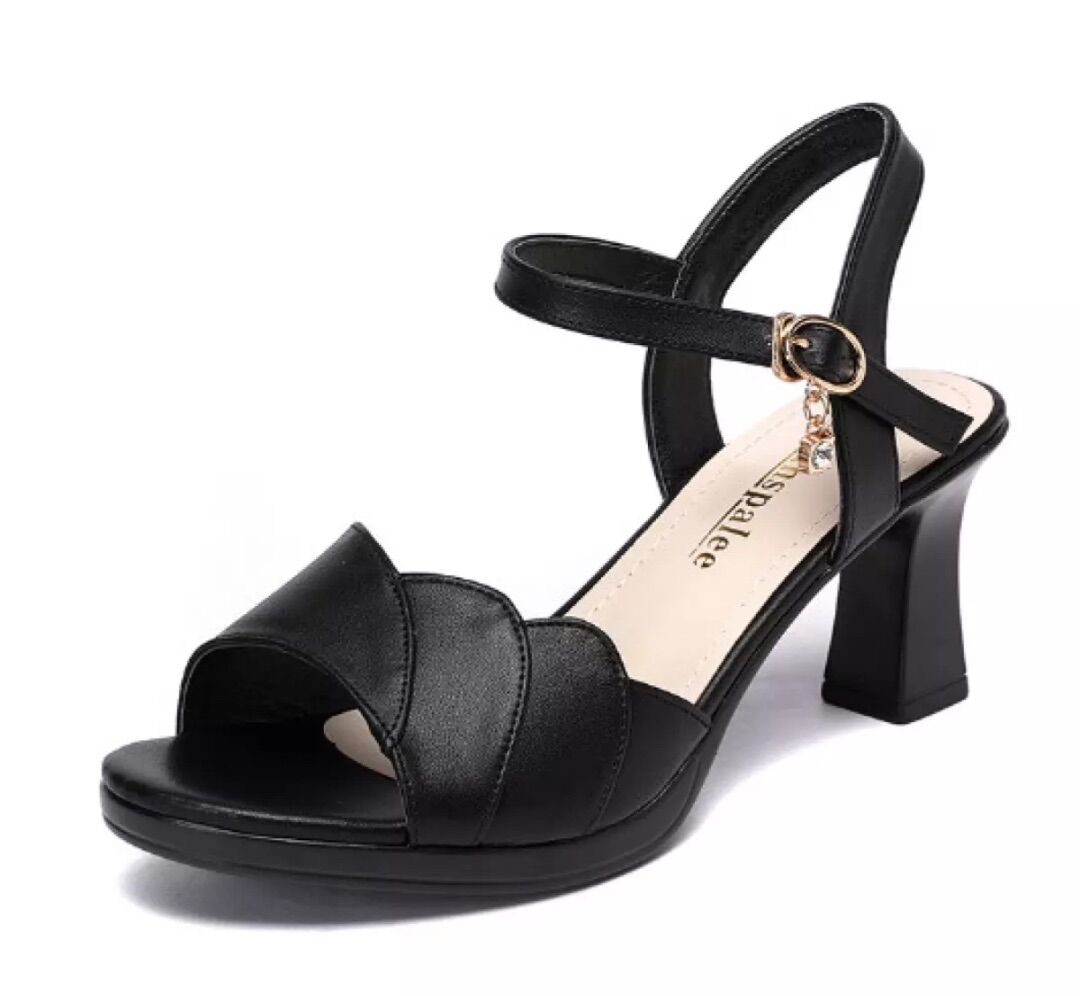 Giày sandal gót vuông quai gợn sóng chất da