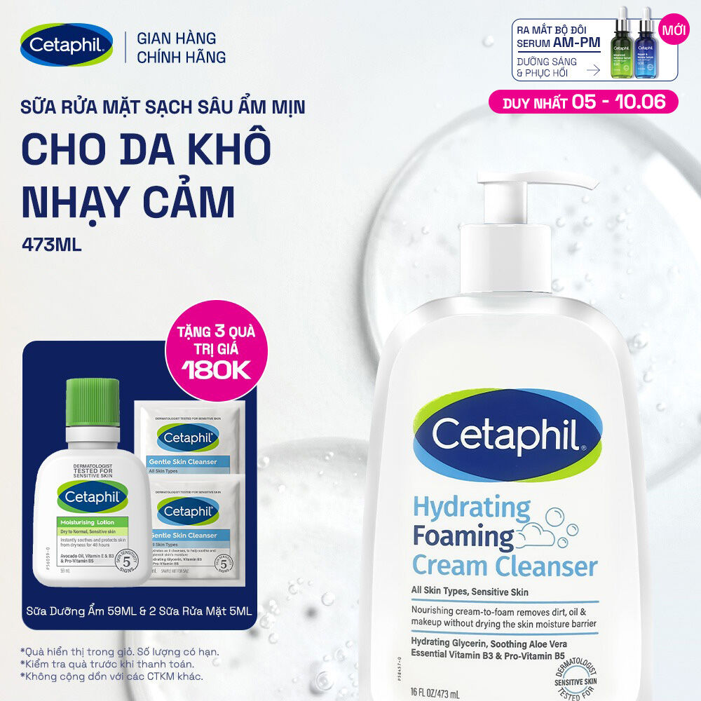 Sữa rửa mặt tạo bọt dịu lành cho da khô nhạy cảm Cetaphil Hydrating Foaming Cream Cleanser 473ml