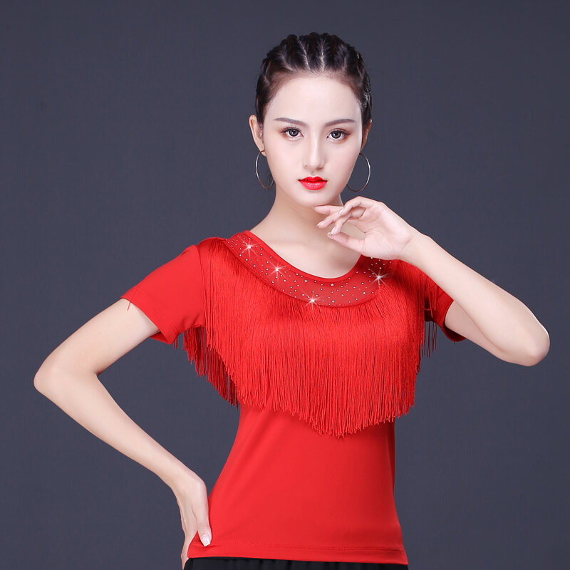 Áo Tập Khiêu Vũ Latin Cho Nữ Áo Tập Khiêu Vũ Vuông Tay Ngắn Ôm Vừa Vặn Tua Rua Quần Áo Khiêu Vũ Cổ T