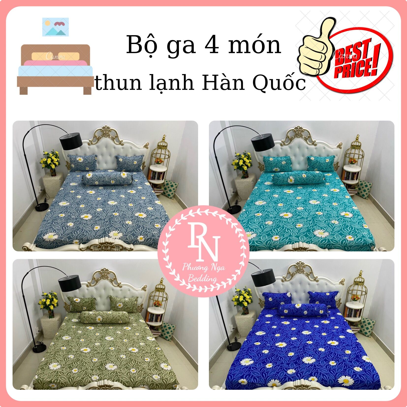 Bộ ga 4 món thun lạnh Hàn Quốc họa tiết hoa lá