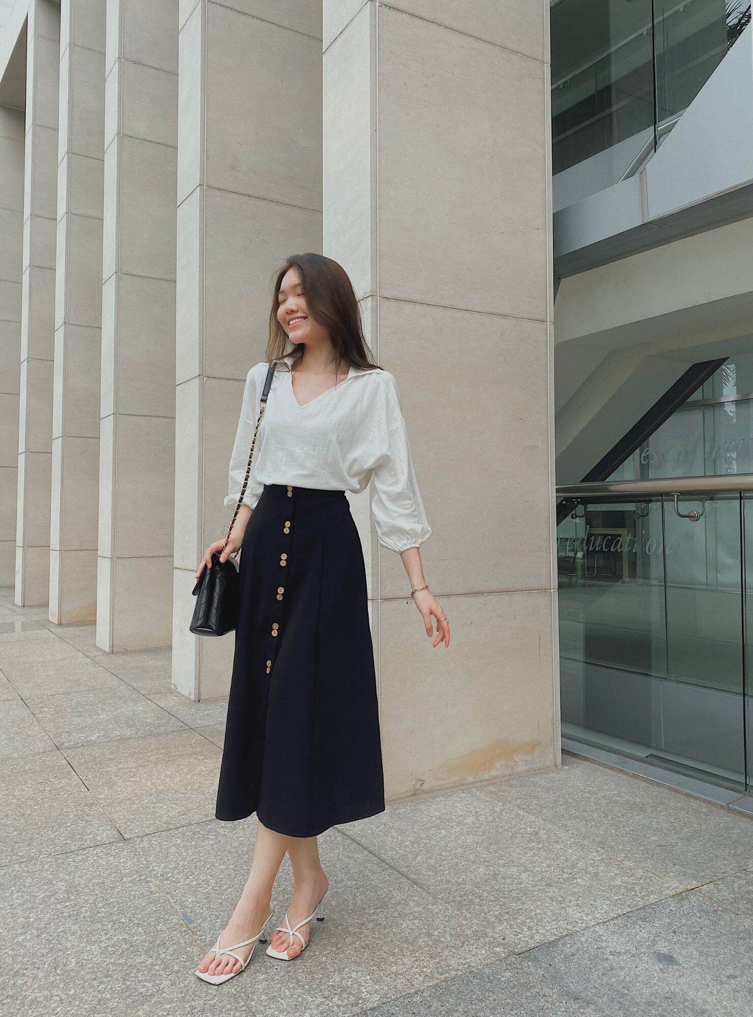 Chân váy midi đen dài qua gối nút gỗ thanh lịch lucetfashion sol skirt