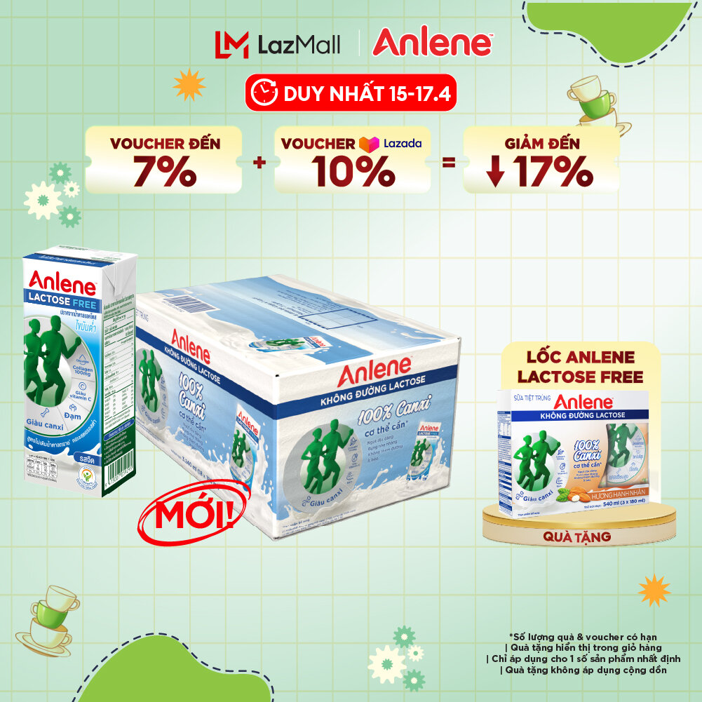 Thùng 18 hộp sữa Anlene không đường Lactose vị nguyên bản 180ml