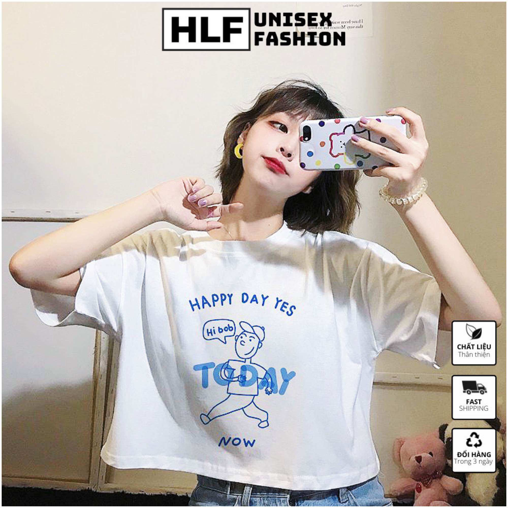 Áo baby tee cổ tròn thun nữ croptop Happy Day Today, brand HLF