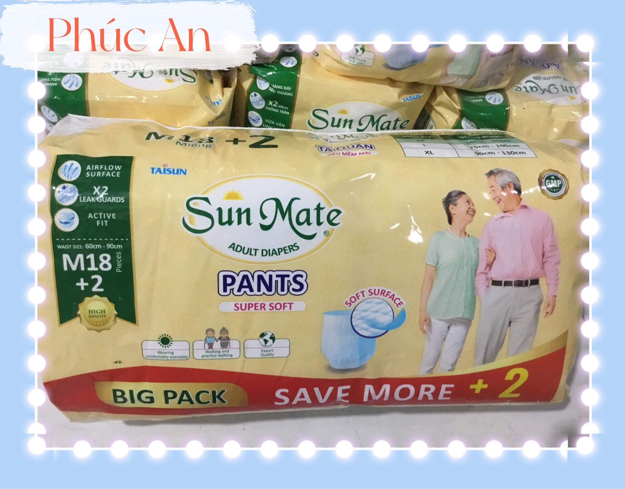 Tã quần size m 18 miếng sunmate siêu mềm mại cho người lớn vòng bụng 60 cm đến 90 cm - bỉm quần người lớn sunmate m18