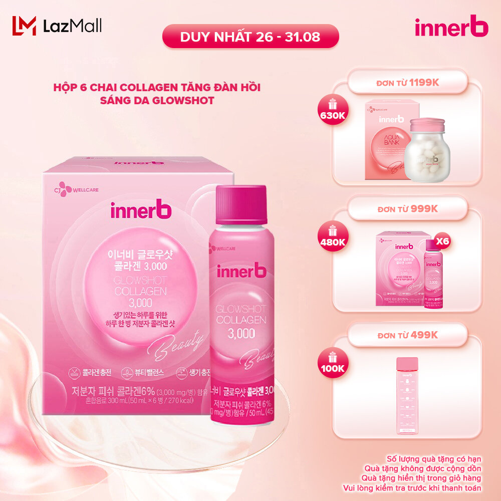 Hộp 6 chai nước uống Collagen Vitamin C sáng da InnerB Glowshot (50mlx6)