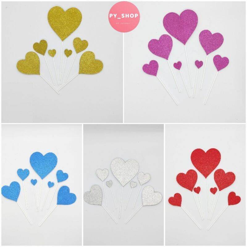 Set Que Cắm Tim Kim Tuyến Đẹp Lấp Lánh Dùng Trang Trí Bánh Kem