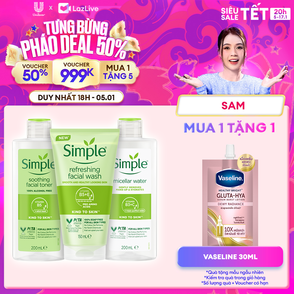 (Livestream) - Combo Simple Nước Tẩy Trang 200ml + Sữa Rửa Mặt 150ml + Nước Hoa Hồng 200ml cho mọi loại da