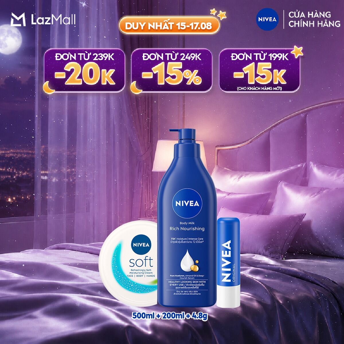Sữa Dưỡng Thể NIVEA Dưỡng Ẩm Chuyên Sâu | Vitamin E (500 ml) - 80212 + Kem Dưỡng Mềm Da NIVEA Soft (50 ml/200 ml) - 89050/89054 + Son dưỡng ẩm chuyên sâu Nivea Original Care (4.8g) - 85061