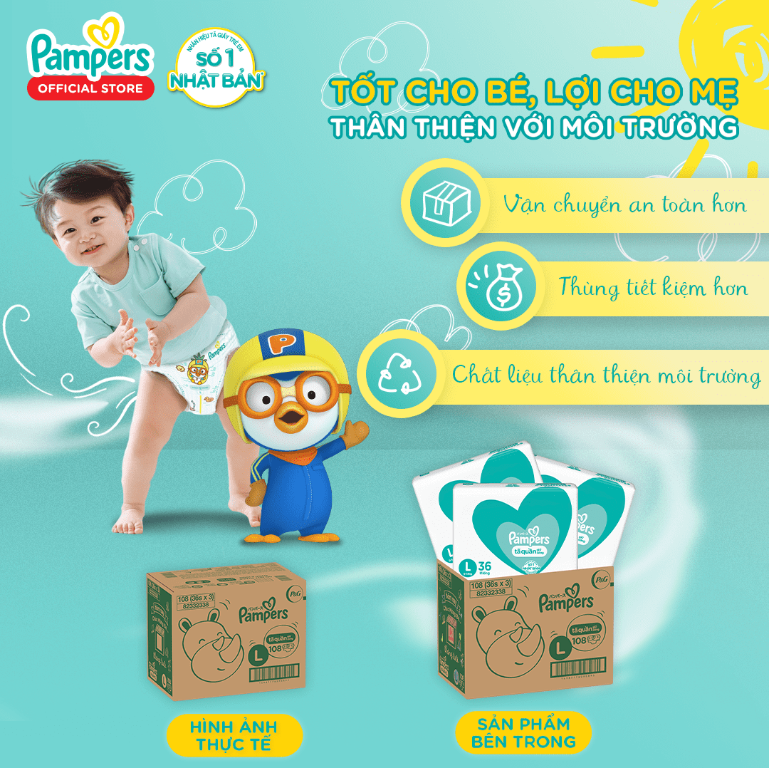 Thùng Tối Ưu Phí Vận Chuyển 3 Gói Tã Quần PAMPERS Giữ Dáng Size L (108 miếng 9-14kg) Chống Xệ