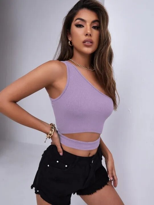 Áo croptop ( M06 ) Tím lệch vai