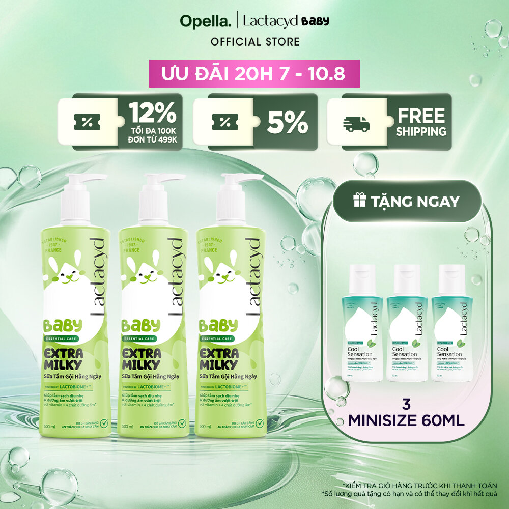 Bộ 3 chai Sữa Tắm Gội Trẻ Em Lactacyd Baby Extra Milky Làm Sạch Dịu Nhẹ và Dưỡng Ẩm Vượt Trội 500ml/chai